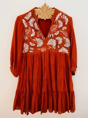 Samant Chauhan Rust Embroidered Tiered Boho Babydoll Dress M Cotton Blend